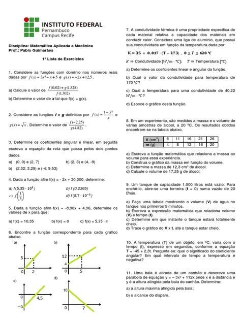 1 Lista De Exercícios Funções 1º E 2º Graus Pdf Temperatura