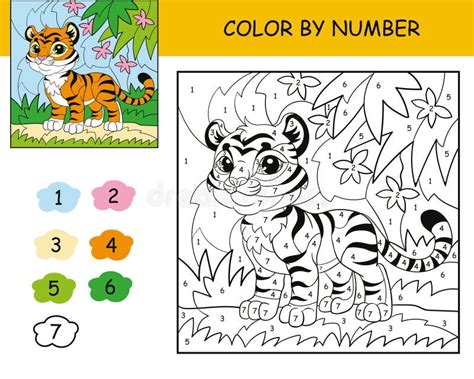 Niños Coloreando Por Número Tigre Lindo Ilustración Vectorial Stock de