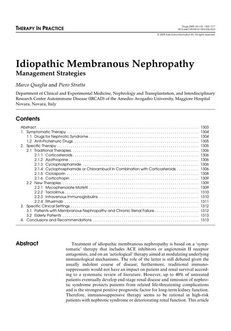 Pdf Idiopathic Membranous Nephropathy Management Strategies