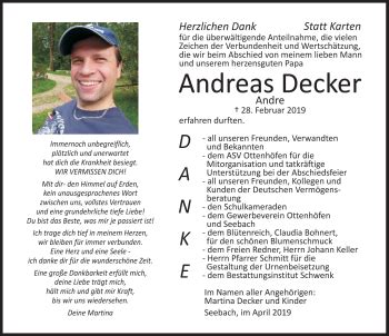 Traueranzeigen Von Andreas Decker Schwarzw Lder Bote Trauer