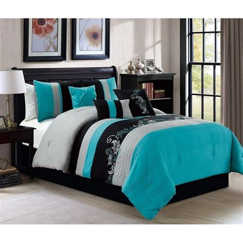 Chezmoi Collection Black Luxury 7 Piece Floral Embroidery Comforter Set Queen Size Tealgray