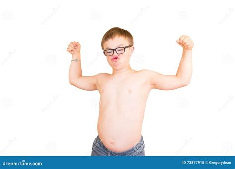 Boy With Downs Syndrome Flexing His Muscles Stock Image Image Of Cute