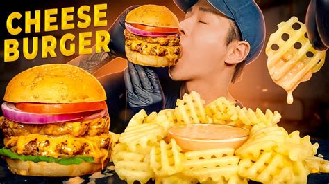 Asmr Cheeseburger And Waffle Fries Mukbang 먹방 Cooking And Eating Sounds Zach Choi Asmr Youtube