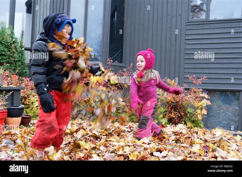 Una niña de cuatro años de edad riendo y arrojando caído hojas de otoño