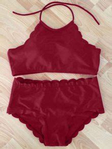 High Neck Scalloped Bikini Set In WINE RED ZAFUL 2024