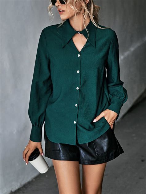 Solid Button Front Shirt Mangas Compridas Ideias Fashion Blusas