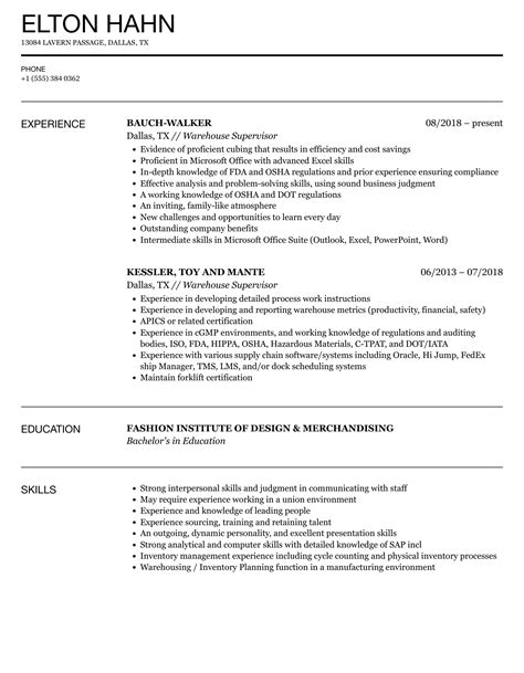 Warehouse Supervisor Resume