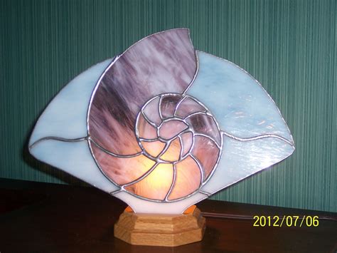 Items Similar To Nautilus Stained Glass Fan Lamp W Lighted Oak Base On