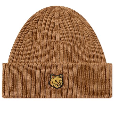 Maison Kitsuné Men s Fox Head Patch Ribbed Beanie in Golden Brown