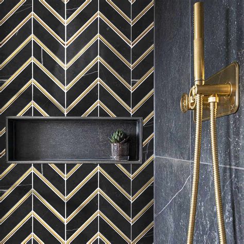 Golden Ebony Black and Gold Chevron Mosaic Tile – Premium Tiles