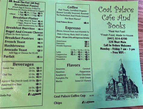 Coal Palace Café and Books menu in Ottumwa, Iowa, USA