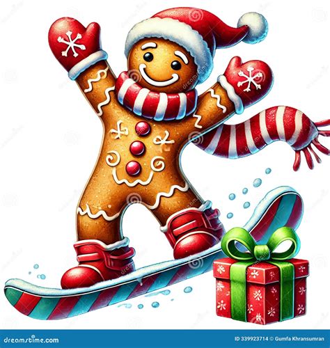 Gingerbread Man Snowboarding with Festive Gift, Spreading Holiday Cheer