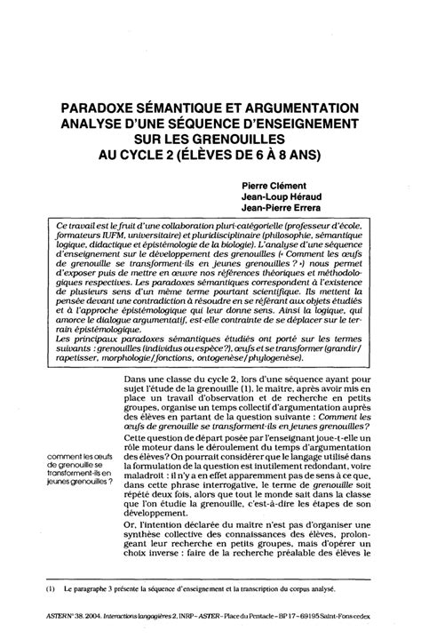 Pdf Paradoxe Sémantique Et Argumentation Analyse Dune Séquence D