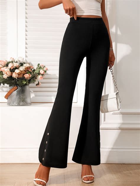 SHEIN Essnce High Waist Button Detail Flare Leg Pants SHEIN USA