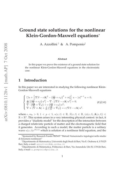 Pdf Ground State Solutions For The Nonlinear Klein Gordon Maxwell