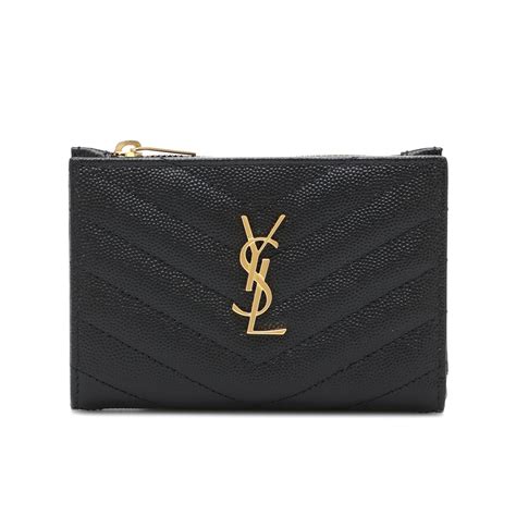 Ysl Saint Laurent Monogram 粒面 壓紋皮革 拉鏈 兩摺 零錢包 卡夾 短夾 皮夾 黑色 金色 668287 歐系