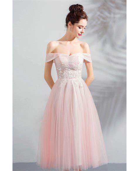 Verngo Dusty Pink Dotted Tulle Evening Party Dresses Off The Shoulder