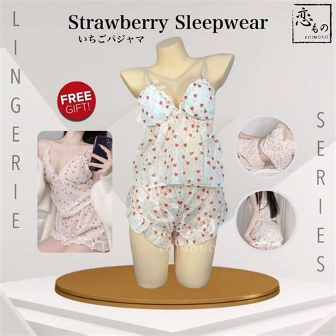 Jual Koimono Strawberry Sleepwear Set Sexy Lingerie Piyama Semi Transparan Set Lengan Pendek