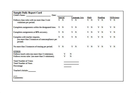 Daily Behavior Report Template