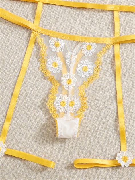 Amarelo Bordado Floral Lingerie Sensual Shein Brasil