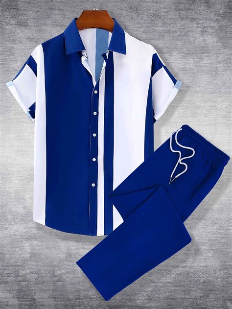 Men Colourblock Shirt And Drawstring Waist Trousers Stylish Shirts Men Shirt Casual Style Men