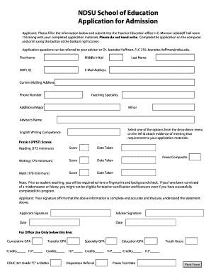 Ndsu School Of Education Application For Admission Form Fill Out And