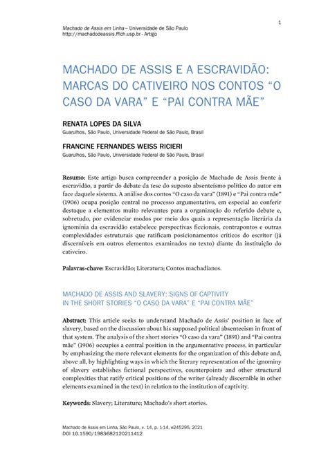 PDF MACHADO DE ASSIS E A ESCRAVIDÃO MARCAS DO CATIVEIRO NOS CONTOS