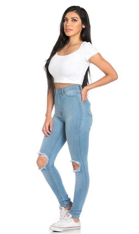 Ripped Knee Super High Waisted Skinny Jeans Plus Sizes Available Li