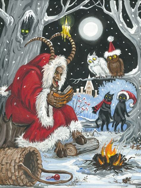 18x24 Winter Story RYTA Krampus Black Cat Story Book Owl Christmas