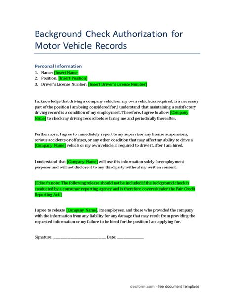 Background Check Authorization For Motor Vehicle Records In Word And