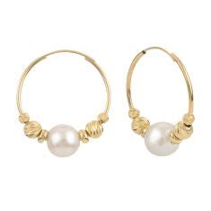 7 5 8mm Fresh Water Cultured Pearl Bead Yellow Gold Hoop Earrings