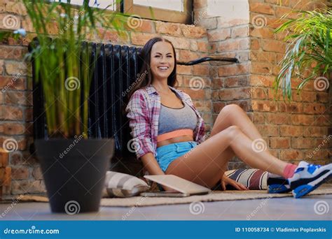 Brunette Female Sits On A Floor Stock Photo Image Of Model Attractive 110058734