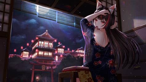 Aliasing Animal Ears Black Hair Building Catgirl Clouds Japanese