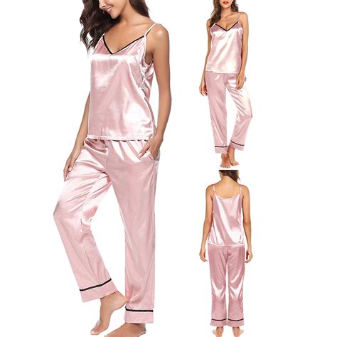 Damen Satin Seide Pyjama Set Weste Tops Hemd Oberteil Lange Hose