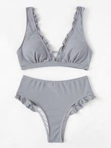 Frill Trim Top With High Waist Bikini Set SHEIN Grey Bikini Bikini