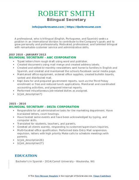 Bilingual Secretary Resume Samples Qwikresume