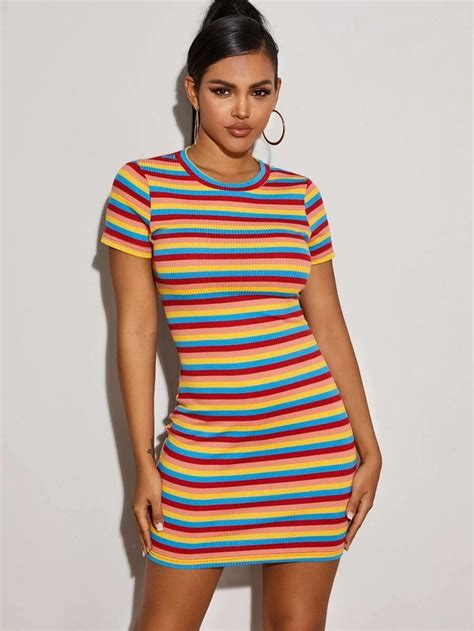 Ribbed Striped Mini Bodycon Dress Shein Usa In Bodycon Dress