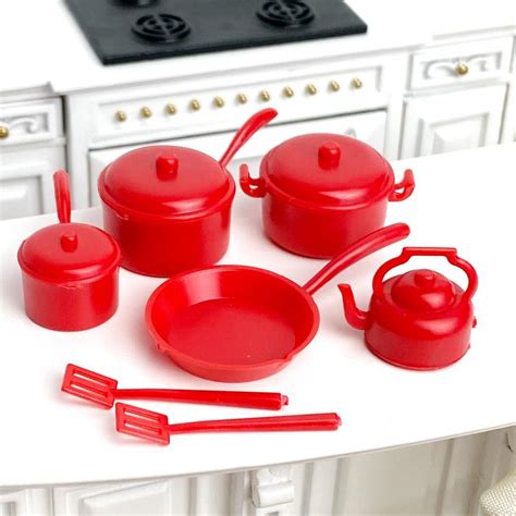 Dollhouse Miniature Red Pots And Pans Set Kitchen Miniatures