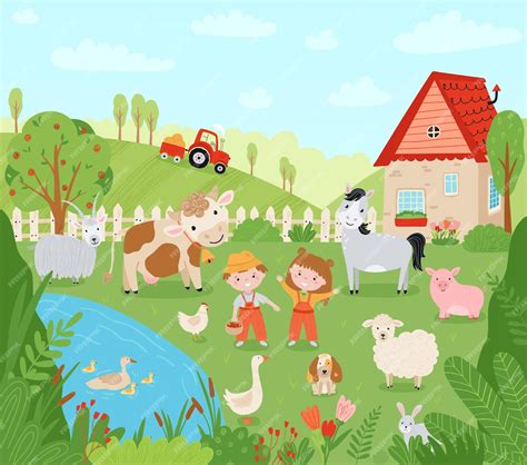 Premium Vector | Landscape farm. Cute background with farm animals in a flat style. Children ...