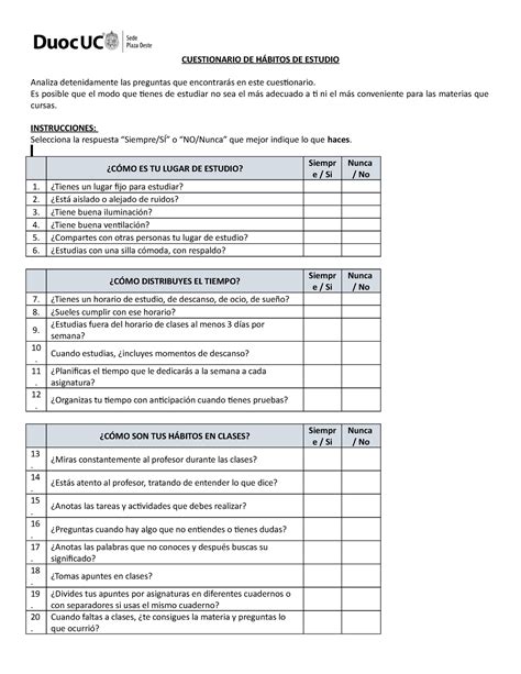 Cuestionario H Bitos De Estudio Cuestionario De H Bitos De Estudio
