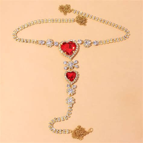 Sexy Red Heart Crystal Rhinestone Underwear Thong Panties Bikini Bling Belly Waist Body Chain