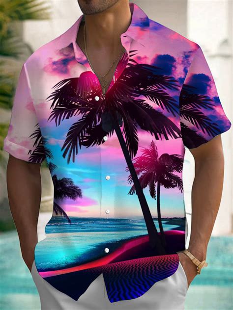 Hawaiian Coconut Tree Print Mens Pocket Short Sleeve Shirts Adaychic