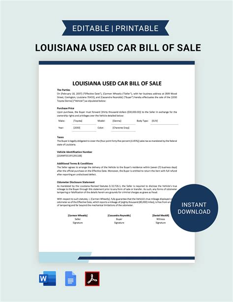 Louisiana RV Bill Of Sale Template Google Docs Word PDF Template Net