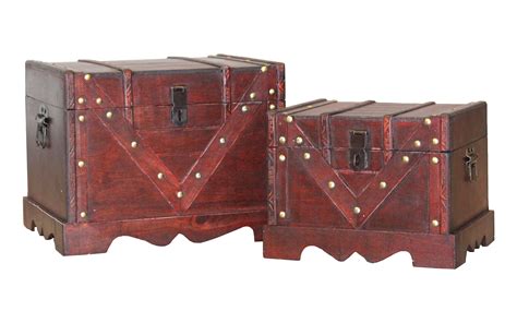 Set Of 2 Wooden Treasure Box Old Style Decorative Treasure Chest With