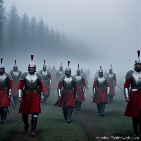 Red Army in Medieval Armor on Hill in Fog | Stable Diffusion Online