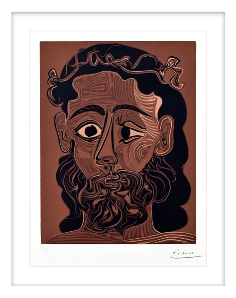 Pablo Picasso Homme Barbu Couronn Feuilles De Vigne Linocut