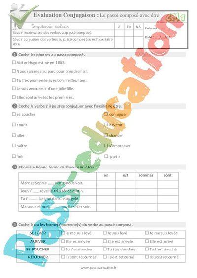 Le Pass Compos Avec Tre Au Cm Evaluation Qcm Quiz Pdf