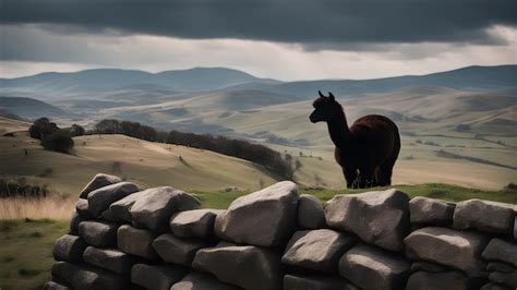 Una Alpaca Se Alza Sobre Un Muro De Piedra Con Una Monta A Al Fondo