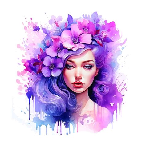 Premium Vector Beautiful Woman Surrounding By Purple Flowers Watercolor Paint