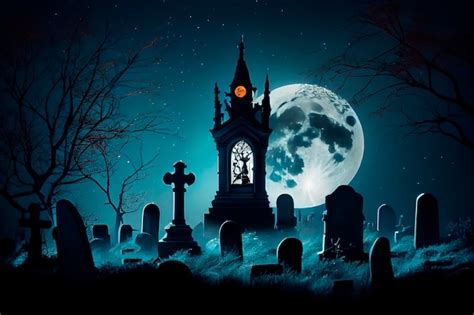 Cementerio Con Torre De Reloj Y L Pidas En La Noche Con Luna Llena En